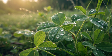 Nature's Beauty: Glistening Dewdrops on Lush Green Leaves