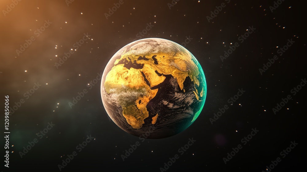 Poster stunning 3d render of earth in space with atmospheric effects and starry background