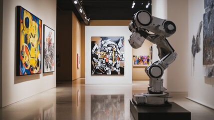 Fototapeta premium A robotic painter creating intricate murals in a modern art gallery, clean and artistic environment with a focus on creativity and art technology, Artistic style