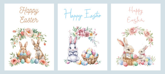 Set of Easter cards with cute rabbits in watercolor style. Cute fluffy rabbits with flowers and baskets with Easter eggs. Easter concept and symbols. Vector illustration.