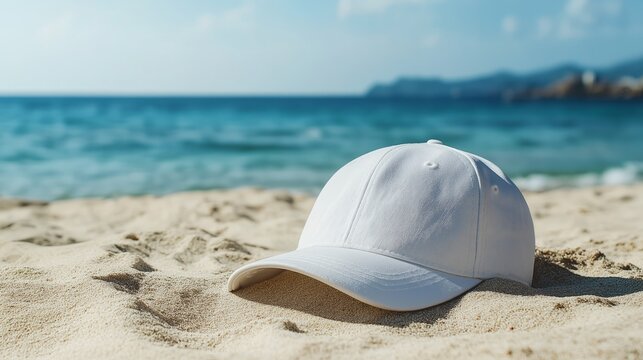 A white baseball cap mockup isolated on the beach sand background