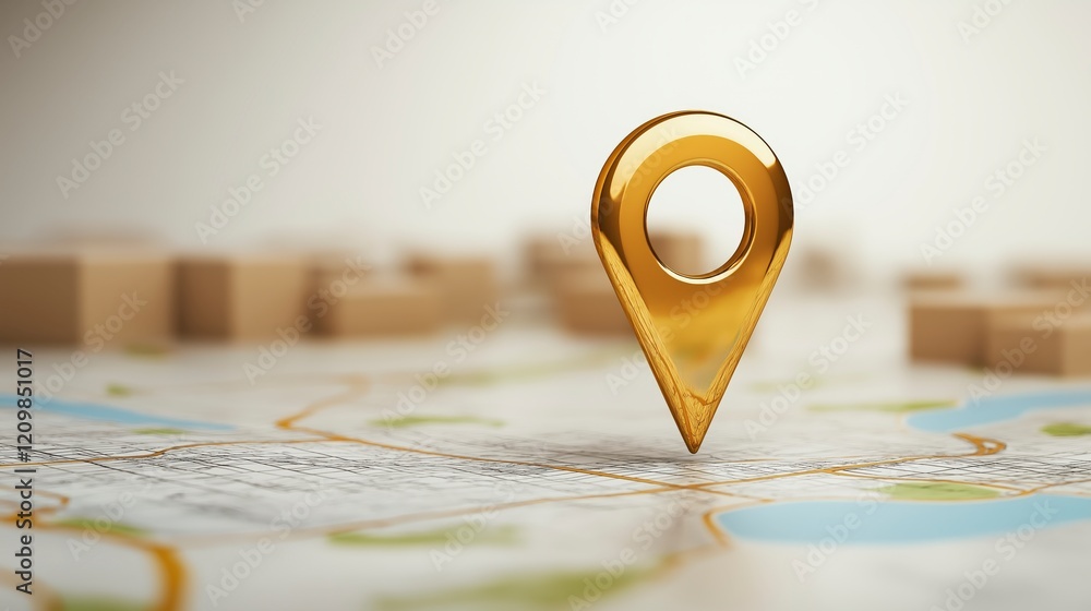 Poster golden location pin on a stylized map representing navigation and wayfinding concept for resources