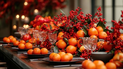 Festive Winter Holiday Table Setting with Citrus Fruits and Berries