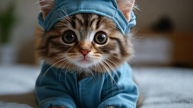 Curious Kitten in Blue: A tiny tabby kitten with big, curious eyes gazes intently at the camera, wearing a blue hoodie that seems too big for its tiny frame.