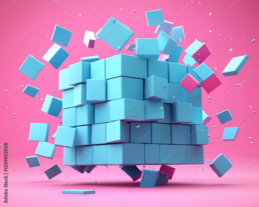 Poster exploding light blue cube with pink background.