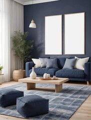Creative composition of stylish modern spacious living room with blank poster frame