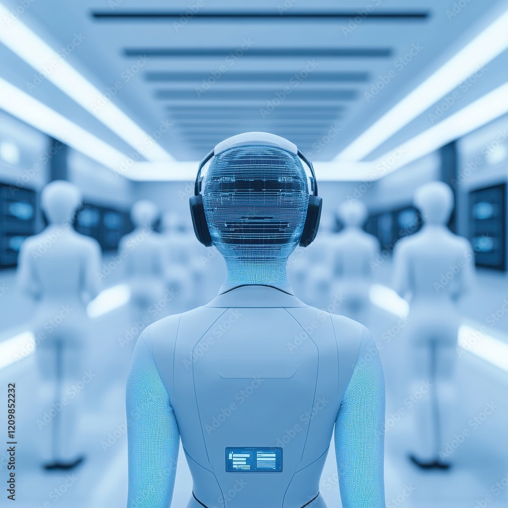 Poster futuristic humanoid robots in a high-tech environment, showcasing advancements in artificial intelli
