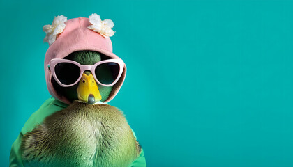 Fototapeta premium duck, wearing, a, cap, hoodie, fashionista, copy space, new, animal, cute, rose, pink, glasses, with, sunglasses, funny, mask, face, beauty, crazy, goggles, scuba, retro, looking, card, design, clean