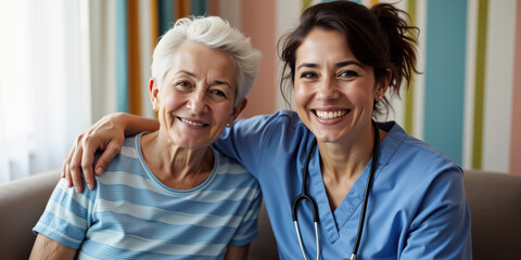 Nurse Accompanying Elderly Patient in Healthcare Setting. Smiling nurse in blue scrubs and stethoscope hugs an elderly patient. 