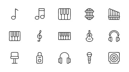 Set of Music Icons Including Pan Flute, Piano, and Guitar