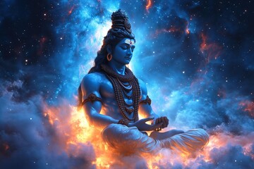 God Shiva meditating in the space with nebula and stars on the background
