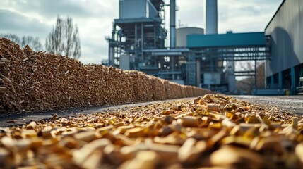 Numerous piles of wood shavings and chips gather at a biomass energy plant, empowering the facility to operate sustainably and efficiently in power generation.