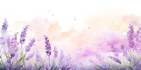 Obraz premium Watercolor lavender field, white background, clip art for stickers, white space on the left side of the banner, light purple and green colors, white space in the top half of the banner, white