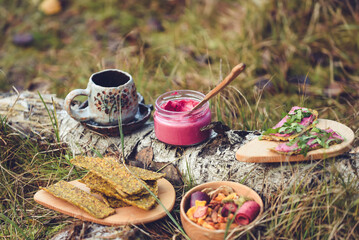 Picnic in the forest, eating homemade bread and beetroot dip, drinking herbal tea