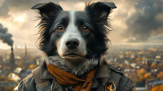 Border Collie in Post-Apocalyptic City: A brave Border Collie, wearing a worn leather jacket and a tattered orange scarf, gazes intently from a rooftop, overlooking a smoke-filled.