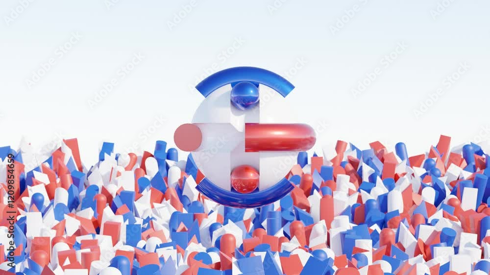 Poster minimal 3d animation of large sphere, torus segments, and floating small spheres in red, white, and 
