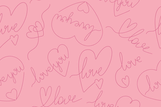 Fototapeta Seamless pattern of hearts and love inscriptions on a pink background. Valentine's Day, wedding day. Background for design of cards, prints and posters. Vector