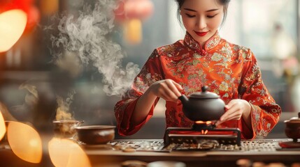 Elegant Asian Woman Performing Traditional Tea Ceremony with Focused Expression