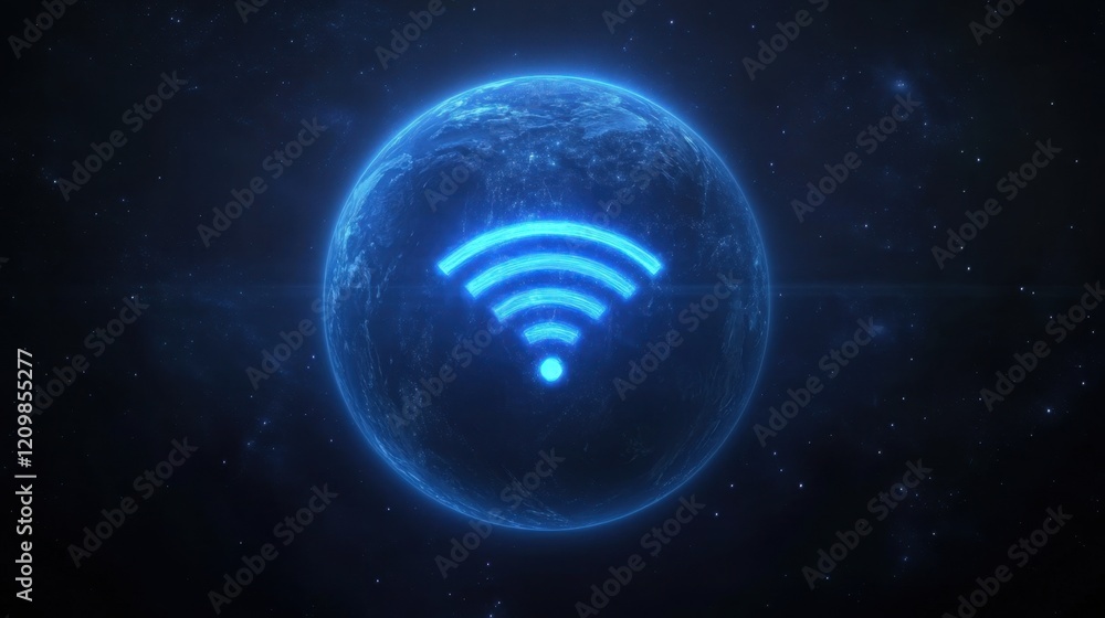Poster blue planet with wi-fi signal icon in outer space digital background