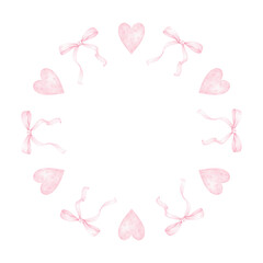 heart, bow. Watercolor round frame template in pastel colors for textile and wrapping paper. Cute watercolor illustration for Valentine's Day