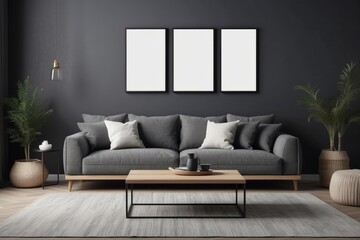 Fototapeta premium living room interior, blank poster frame, modular sofa, wooden coffee table, pillows, Charcoal wall