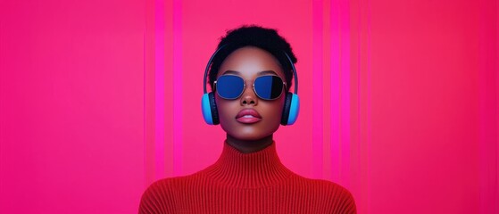 A stylish individual in headphones and sunglasses poses against a vibrant pink background, embodying modern urban fashion and confidence.