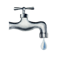 A drop of pure water dripping from the tap. Watercolor hand drawn bathroom faucet illustration isolated on background. Agriculture, organic gardening, planting or ecology. Environmental, earth day