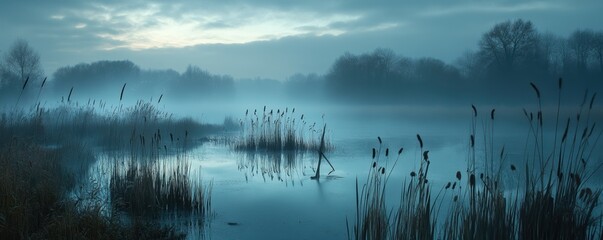 Obraz premium An eerie swamp shrouded in mist, home to mysterious creatures and whispering reeds.