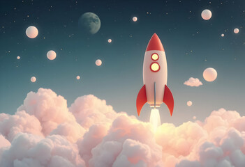 Retro space exploration, vibrant cartoon rocket launch, alien desert planet, orange landscape, teal sky, fluffy clouds, distant ringed planet, barren mountains, stylized illustration, whimsical sci-fi