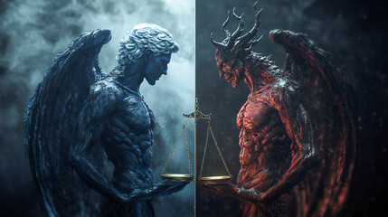 Good and bad determination A striking depiction of the eternal battle between good and evil, personified by an angel and a demon holding scales