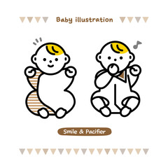 いろんな表情の赤ちゃんのイラスト。ご機嫌な表情と指しゃぶりをする赤ちゃん
