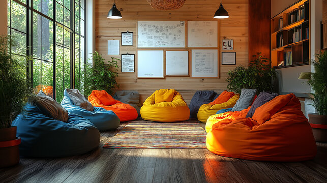 Team gathered in a brainstorming area with colorful bean bags and whiteboards. Bright lighting, contrast
