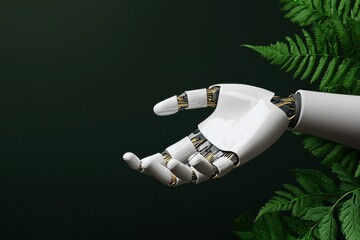 A robotic hand extends amidst lush greenery, symbolizing the intersection of technology and nature.