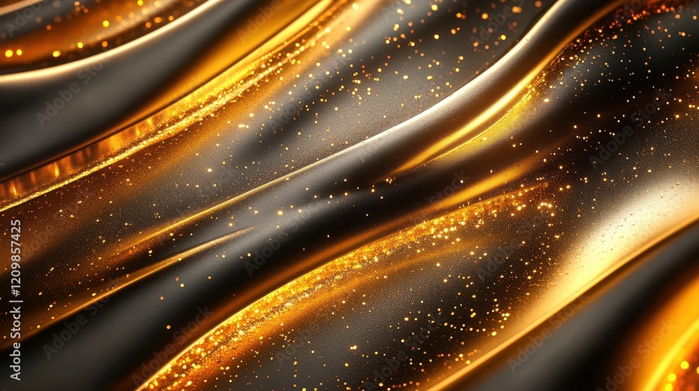 Poster gleaming golden fabric waves with smooth texture and glittering particles in a 4k resolution