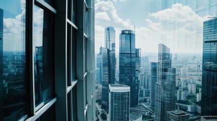 Skyscraper window view, city skyline, construction, clouds, success