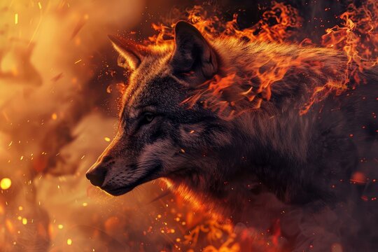 Wolf with burning fur emerging from wildfire flames and sparks in a dark forest