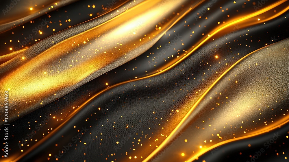 Poster smooth golden wave textures with sparkling particles on dark background for luxurious and premium vi
