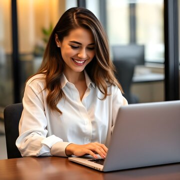 Una mujer trabaja con su computadora port&aacute;til en la oficina. Est&aacute; sonriendo.