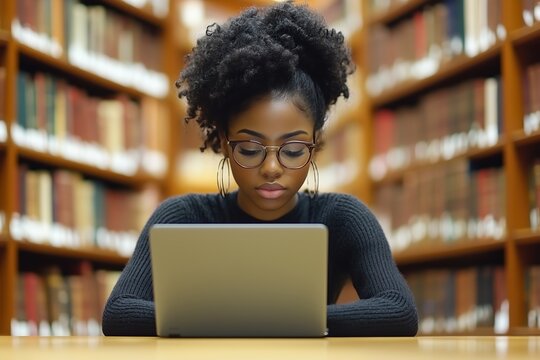 A gifted Black girl sits in a university library, using a laptop and writing notes for her paper or essay.