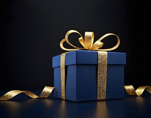 blue 3d gift box with golden ribbon and shining glitter isolated on dark background happy birthday, wedding anniversary,  valentine day  and new year eve celebration concept