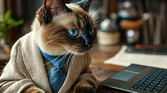 Business Cat:  A dapper cat in a suit and tie sits at a desk with a laptop, showcasing a playful twist on office life and the idea of feline professionalism.  