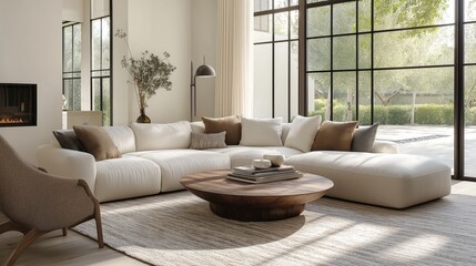 Fototapeta premium A living room scene with modern aesthetics, the soft natural light creating a cozy and warm atmosphere