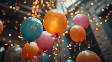 Employees celebrating a product launch with balloons and office decorations. Bright lighting, contrast