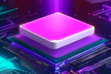 A futuristic neon-lit computer chip sits atop a circuit board, symbolizing technological advancement and power.