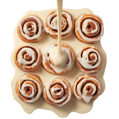 Fototapeta premium Floating Cinnamon Rolls with Icing Pouring in Warm top view isolated on transparent background.