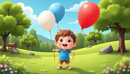 Independence Day Red, White, and Blue Balloons with Happy Child in Nature Copy Space