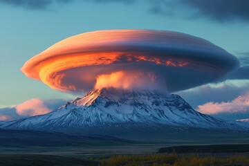 A breathtaking lenticular cloud formation hovers over a snow-capped mountain at sunset, creating a surreal and awe-inspiring scene.