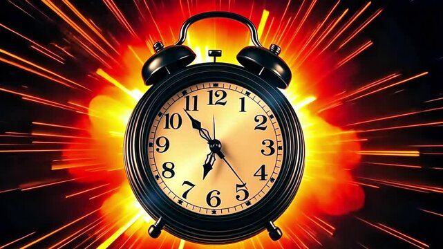An antique clock glowing with vibrant light in front of an explosive, smooth 4K video loop