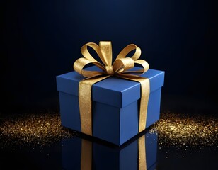 blue 3d gift box with golden ribbon and shining glitter isolated on dark background happy birthday, wedding anniversary,  valentine day  and new year eve celebration concept