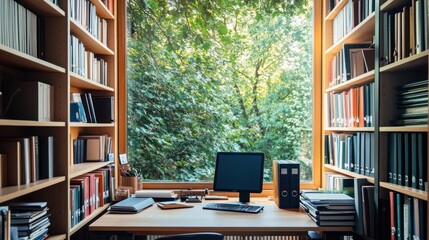 Fototapeta premium Serene Study: A Home Office with a View
